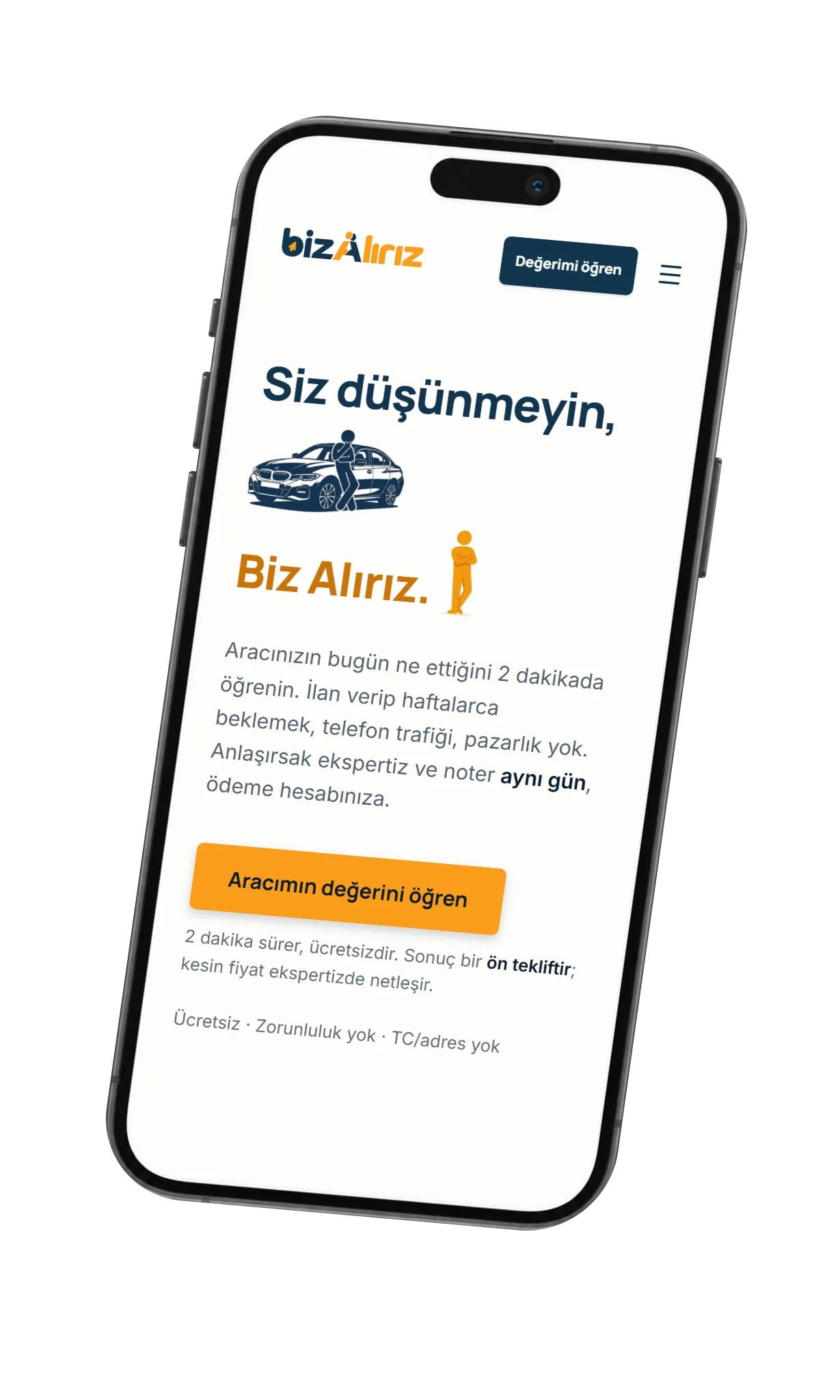 bizaliriz.com mobil açılış ekranı: “Siz düşünmeyin, Biz Alırız” başlığı ve “Aracımın değerini öğren” düğmesi
