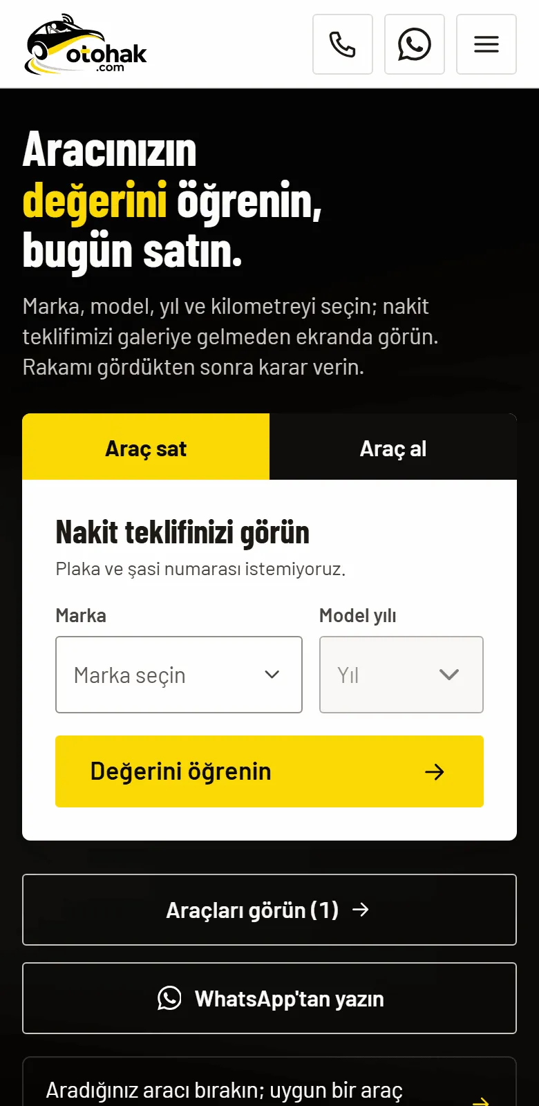 otohak.com ana sayfası telefonda: “Aracınızın değerini öğrenin, bugün satın.” başlığı ve marka, model yılı seçilen değerleme kutusu