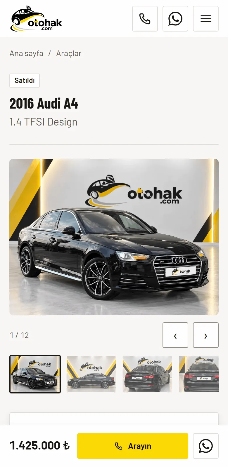 otohak.com araç sayfası: 2016 Audi A4, otohak stüdyosunda çekilmiş fotoğraf, “Satıldı” etiketi ve arama düğmesi
