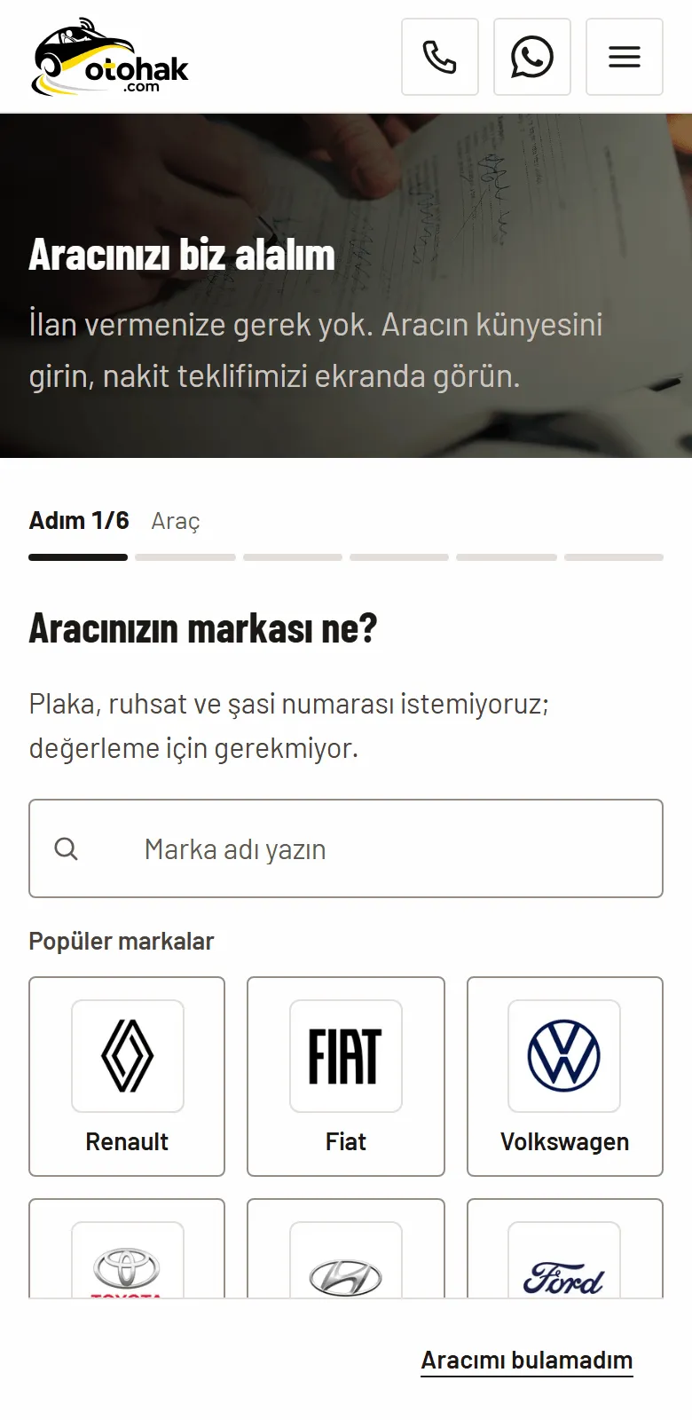 otohak.com “Aracını sat” sayfası: altı adımlı değerleme sihirbazının ilk adımı, “Aracınızın markası ne?” sorusu ve popüler markalar